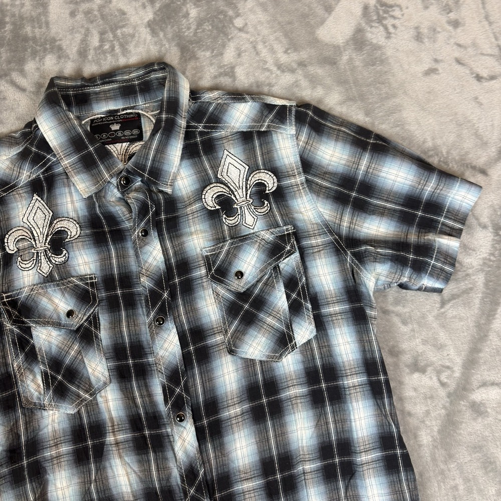 Pop Icon Clothing Buckle Shirt Mens L Plaid Pearl Snap Western Rodeo Embroidered
